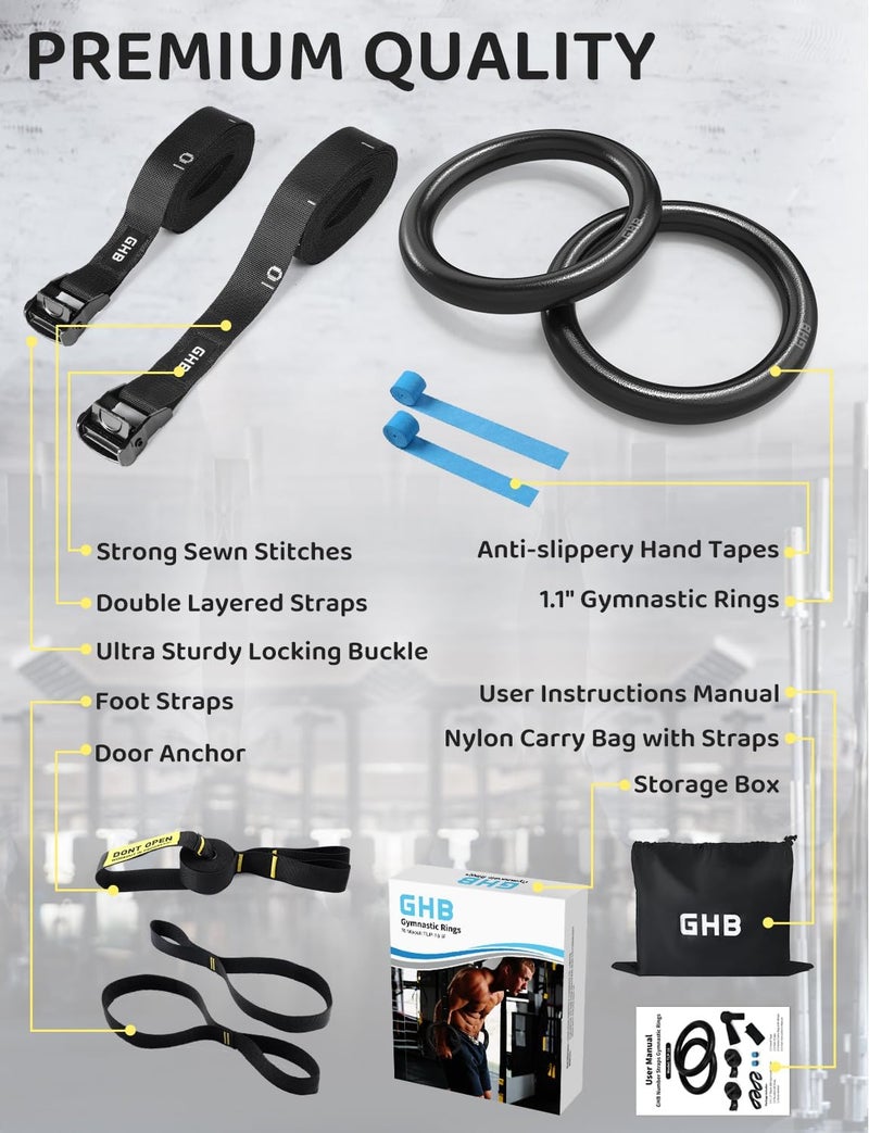 GHB Gymnastic Rings Gym Rings 1.1" Olympic Rings Adjustable Straps Pull Up Rings Sets for Workout Bodyweight Fitness Training - Image 5